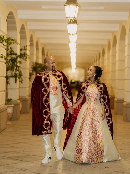 Luxury Habesha Wedding Set with Kaba – Bride & Groom Matching Kemis, Suit & Kaba by Tsehaye Mehari
