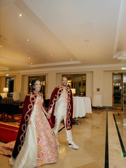 Luxury Habesha Wedding Set with Kaba – Bride & Groom Matching Kemis, Suit & Kaba by Tsehaye Mehari