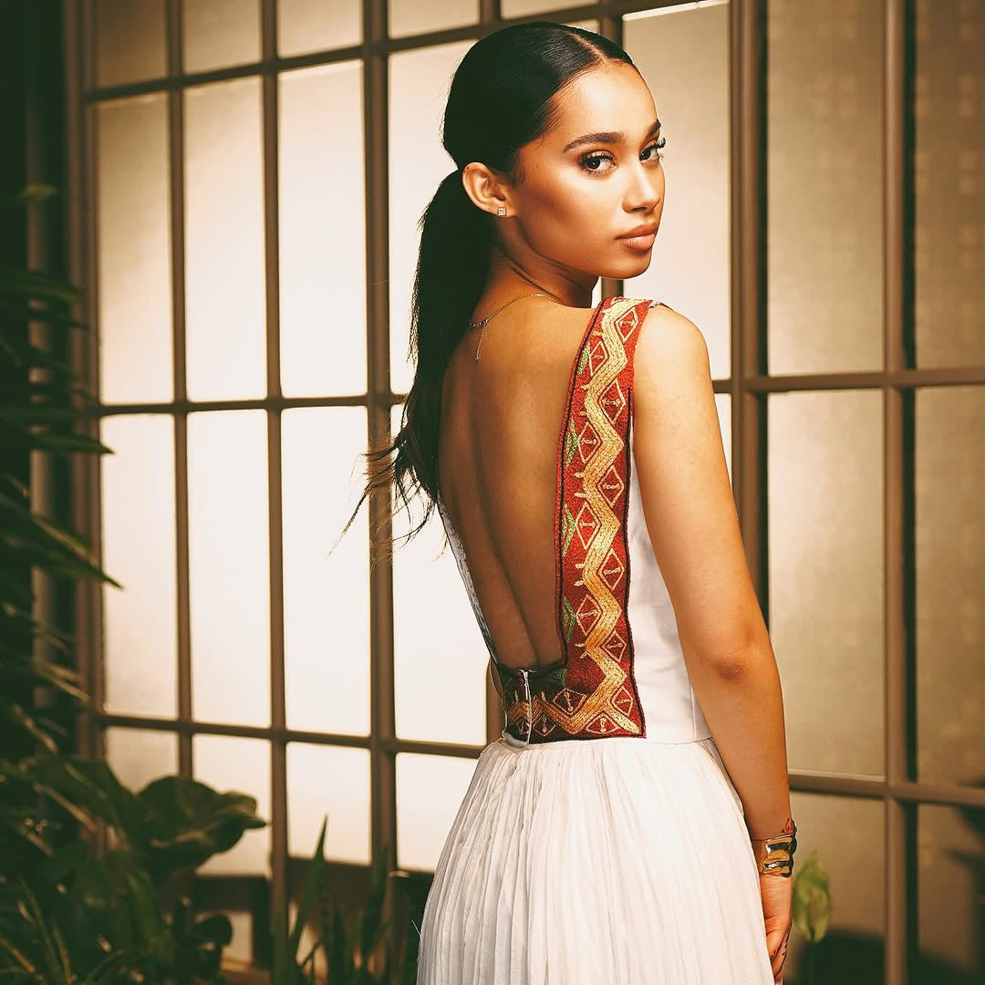 Modern Habesha Kemis – White Handwoven Ethiopian Dress with Vibrant Border