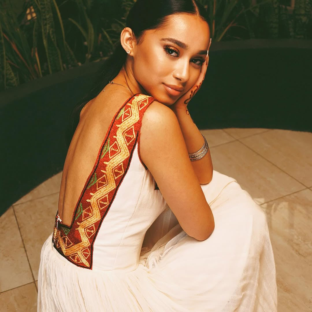 Modern Habesha Kemis – White Handwoven Ethiopian Dress with Vibrant Border