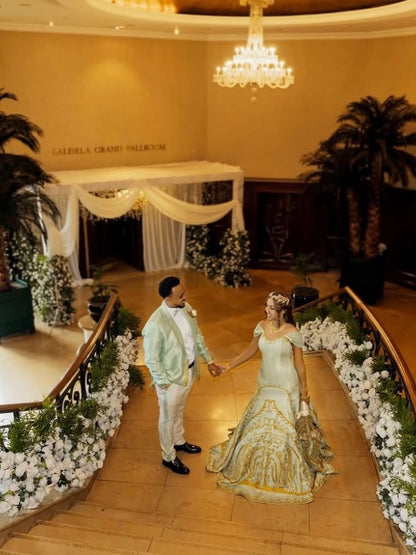 Luxury Habesha Wedding Set – Bride & Groom Matching Kemis, Suit | Traditional Ethiopian Wedding Outfit