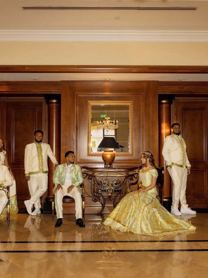 Luxury Habesha Wedding Set – Bride & Groom Matching Kemis, Suit | Traditional Ethiopian Wedding Outfit