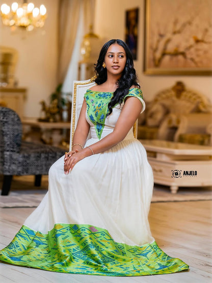 Green Tilf Habesha Kemis – Modern Ethiopian Dress by Tsehaye Mehari
