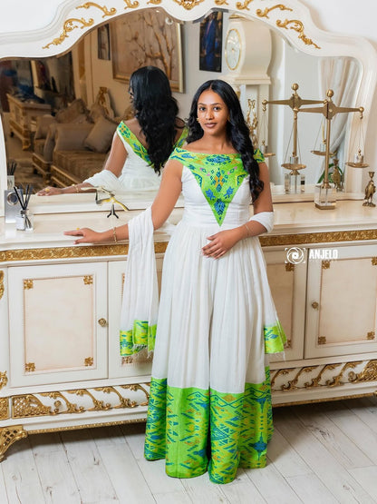 Green Tilf Habesha Kemis – Modern Ethiopian Dress by Tsehaye Mehari