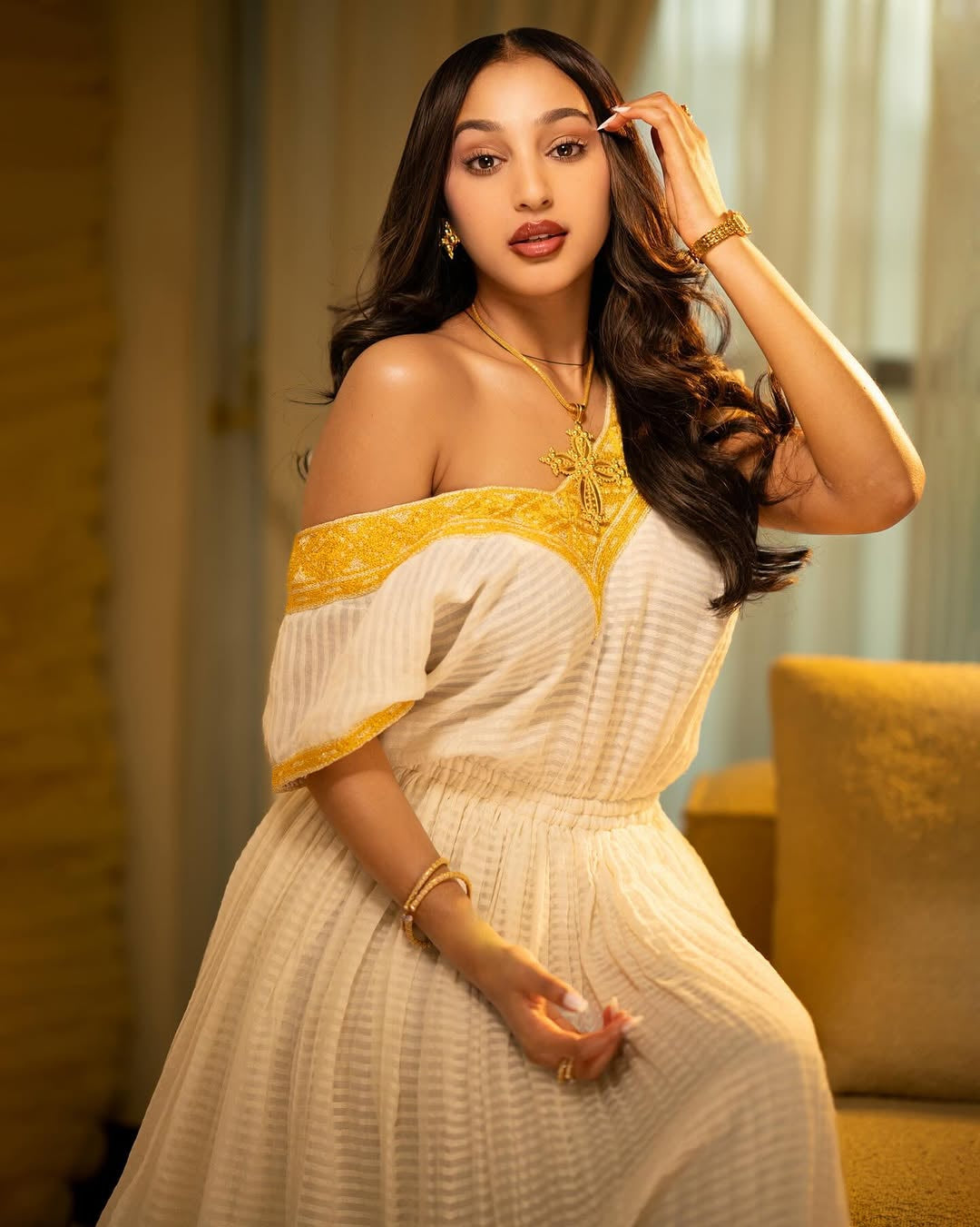 White & Yellow Habesha Kemis – Flowing Traditional Ethiopian wear by Tesfaye Mehari