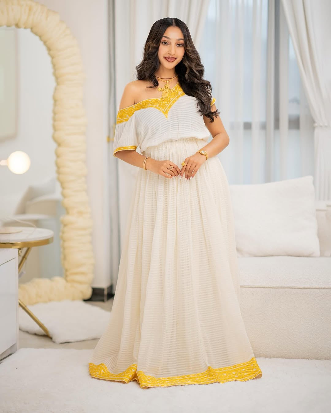 White & Yellow Habesha Kemis – Flowing Traditional Ethiopian wear by Tesfaye Mehari