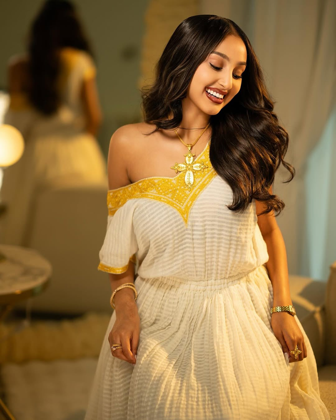 White & Yellow Habesha Kemis – Flowing Traditional Ethiopian wear by Tesfaye Mehari