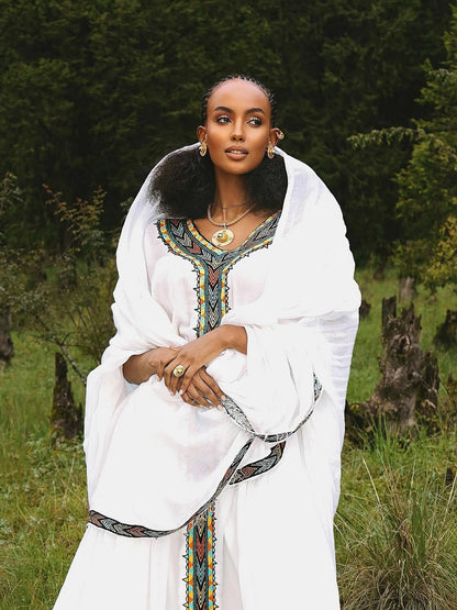 Ceremonial Green Habesha libs – White Handwoven Ethiopian menen clothing | Tsehaye Mehari