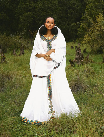 Ceremonial Green Habesha libs – White Handwoven Ethiopian menen clothing | Tsehaye Mehari