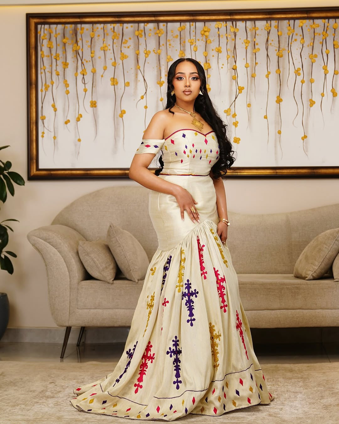 Ivory Mermaid Habesha Kemis – Off-Shoulder Ethiopian Wedding Dress by Tesfaye Mehari