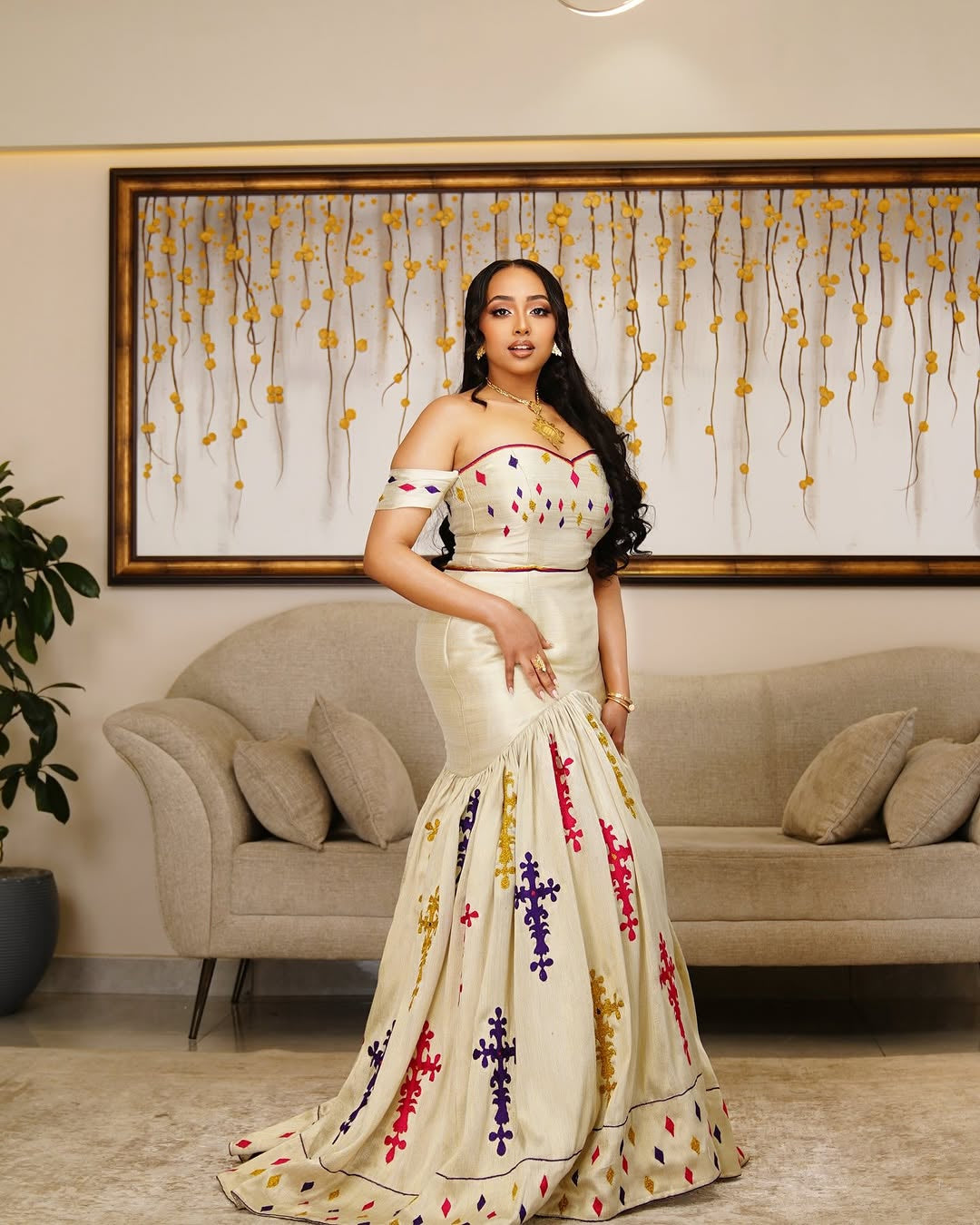 Ivory Mermaid Habesha Kemis – Off-Shoulder Ethiopian Wedding Dress by Tesfaye Mehari