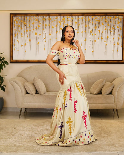 Ivory Mermaid Habesha Kemis – Off-Shoulder Ethiopian Wedding Dress by Tesfaye Mehari