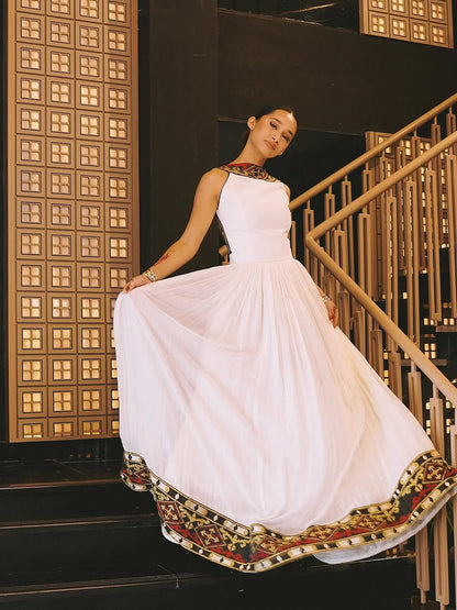 Elegant High-Neck Habesha Dress – Traditional Black & Gold Border kemis by Tsehaye Mehari