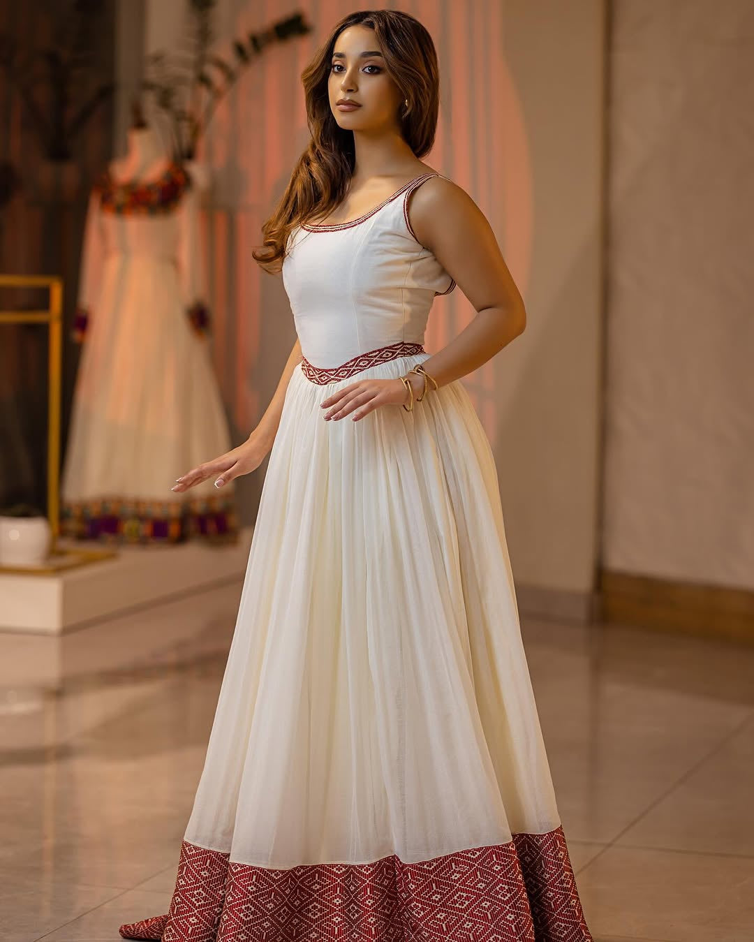 Luxury Red habesha libs – Ivory modern Dress with Contemporary Sleeveless Design by Tsehaye Mehari
