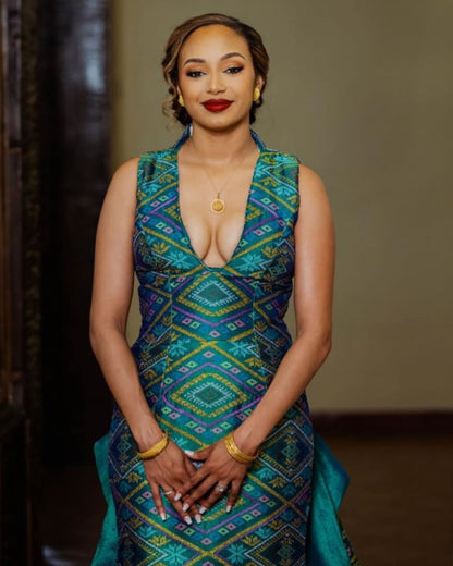 Teal Habesha Kemis & Suit Set – Matching Modern Ethiopian Couple’s Attire by Tsehaye Mehari