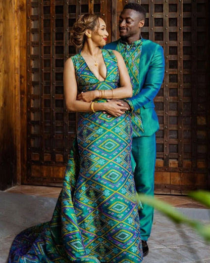 Teal Habesha Kemis & Suit Set – Matching Modern Ethiopian Couple’s Attire by Tsehaye Mehari