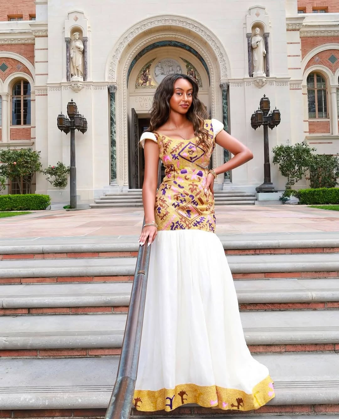 Golden Elegance: Stunning Mermaid Half-Shoulder Habesha Kemis with Exquisite Detailing by Tsehaye Mehari