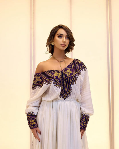 Off-the-Shoulder cultural Habesha Kemis by Tsehaye Mehari | Purple detailed Embroidery