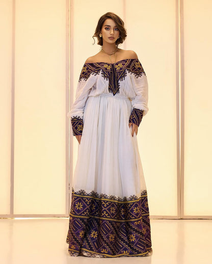 Off-the-Shoulder cultural Habesha Kemis by Tsehaye Mehari | Purple detailed Embroidery