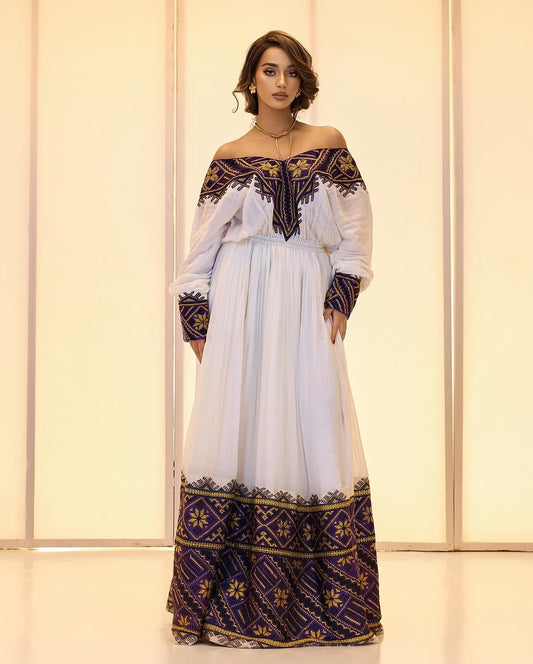 Off-the-Shoulder cultural Habesha Kemis by Tsehaye Mehari | Purple detailed Embroidery