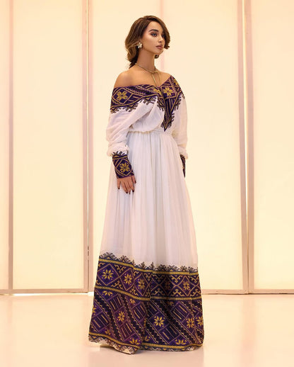 Off-the-Shoulder cultural Habesha Kemis by Tsehaye Mehari | Purple detailed Embroidery
