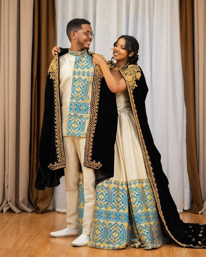 Ivory & Blue Habesha Kemis Couple Set – Ethiopian Wedding Dress by Tsehaye Mehari