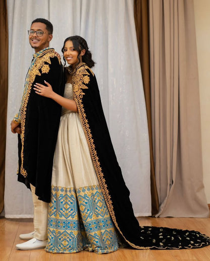 Ivory & Blue Habesha Kemis Couple Set – Ethiopian Wedding Dress by Tsehaye Mehari