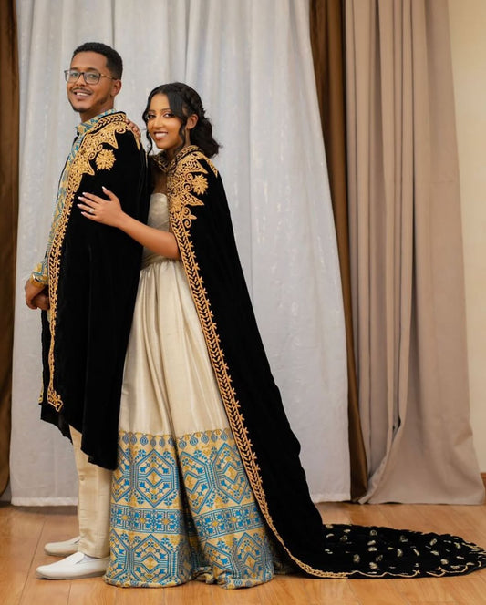 Ivory & Blue Habesha Kemis Couple Set – Ethiopian Wedding Dress by Tsehaye Mehari