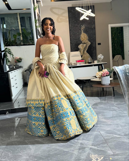 Ivory & Blue Habesha Kemis Couple Set – Ethiopian Wedding Dress by Tsehaye Mehari