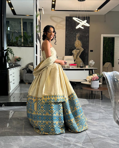 Ivory & Blue Habesha Kemis Couple Set – Ethiopian Wedding Dress by Tsehaye Mehari