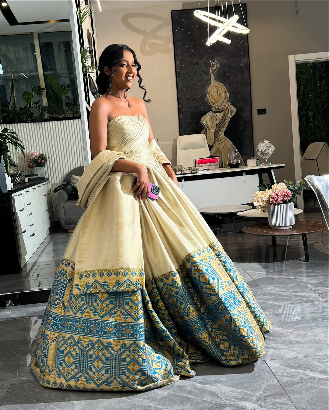 Ivory & Blue Habesha Kemis Couple Set – Ethiopian Wedding Dress by Tsehaye Mehari