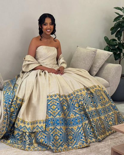 Ivory & Blue Habesha Kemis Couple Set – Ethiopian Wedding Dress by Tsehaye Mehari