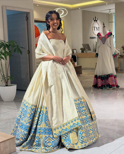 Ivory & Blue Habesha Kemis Couple Set – Ethiopian Wedding Dress by Tsehaye Mehari