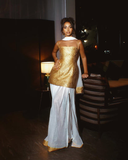 Luxurious Gold & White Habesha Kemis – Handcrafted Elegance Modern Ethiopian Wedding Outfit by Tsehaye Mehari