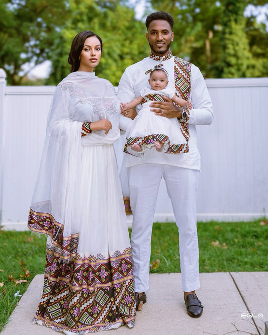 Family Matching Habesha Kemis & Shirt Set -Burgundy & Green elegant Ethiopian Traditional Dress by Tsehaye Mehari