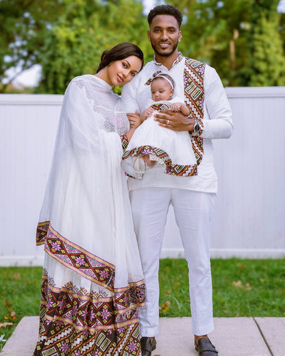 Family Matching Habesha Kemis & Shirt Set -Burgundy & Green elegant Ethiopian Traditional Dress by Tsehaye Mehari