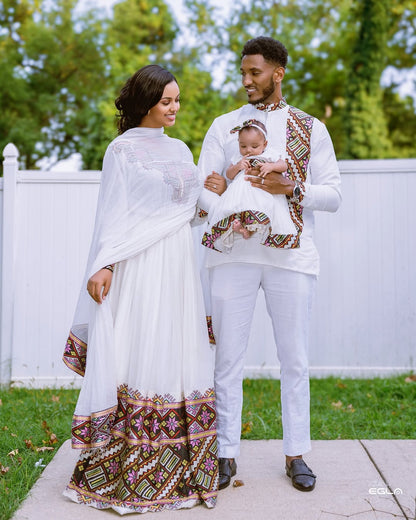 Family Matching Habesha Kemis & Shirt Set -Burgundy & Green elegant Ethiopian Traditional Dress by Tsehaye Mehari