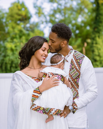 Family Matching Habesha Kemis & Shirt Set -Burgundy & Green elegant Ethiopian Traditional Dress by Tsehaye Mehari