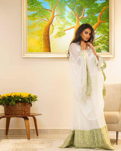 Light Green modern Habesha Kemis - Summer Style Ethiopian Handwoven cultural Dress by Tsehaye Mehari