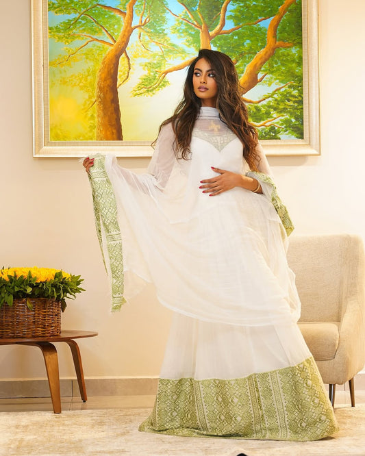 Light Green modern Habesha Kemis - Summer Style Ethiopian Handwoven cultural Dress by Tsehaye Mehari