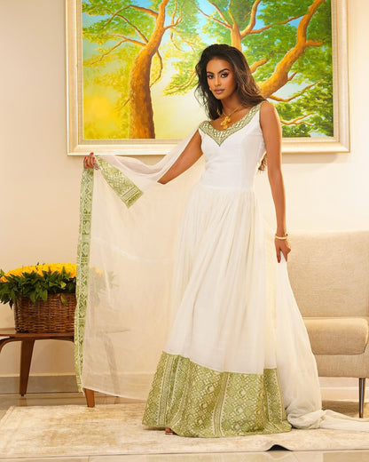 Light Green modern Habesha Kemis - Summer Style Ethiopian Handwoven cultural Dress by Tsehaye Mehari