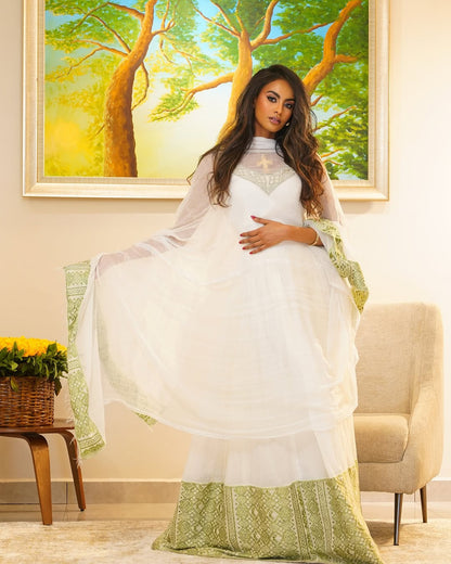 Light Green modern Habesha Kemis - Summer Style Ethiopian Handwoven cultural Dress by Tsehaye Mehari