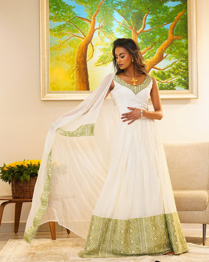 Light Green modern Habesha Kemis - Summer Style Ethiopian Handwoven cultural Dress by Tsehaye Mehari