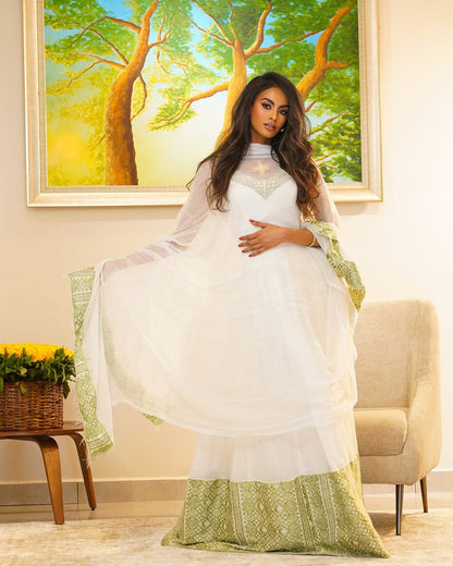 Light Green modern Habesha Kemis - Summer Style Ethiopian Handwoven cultural Dress by Tsehaye Mehari