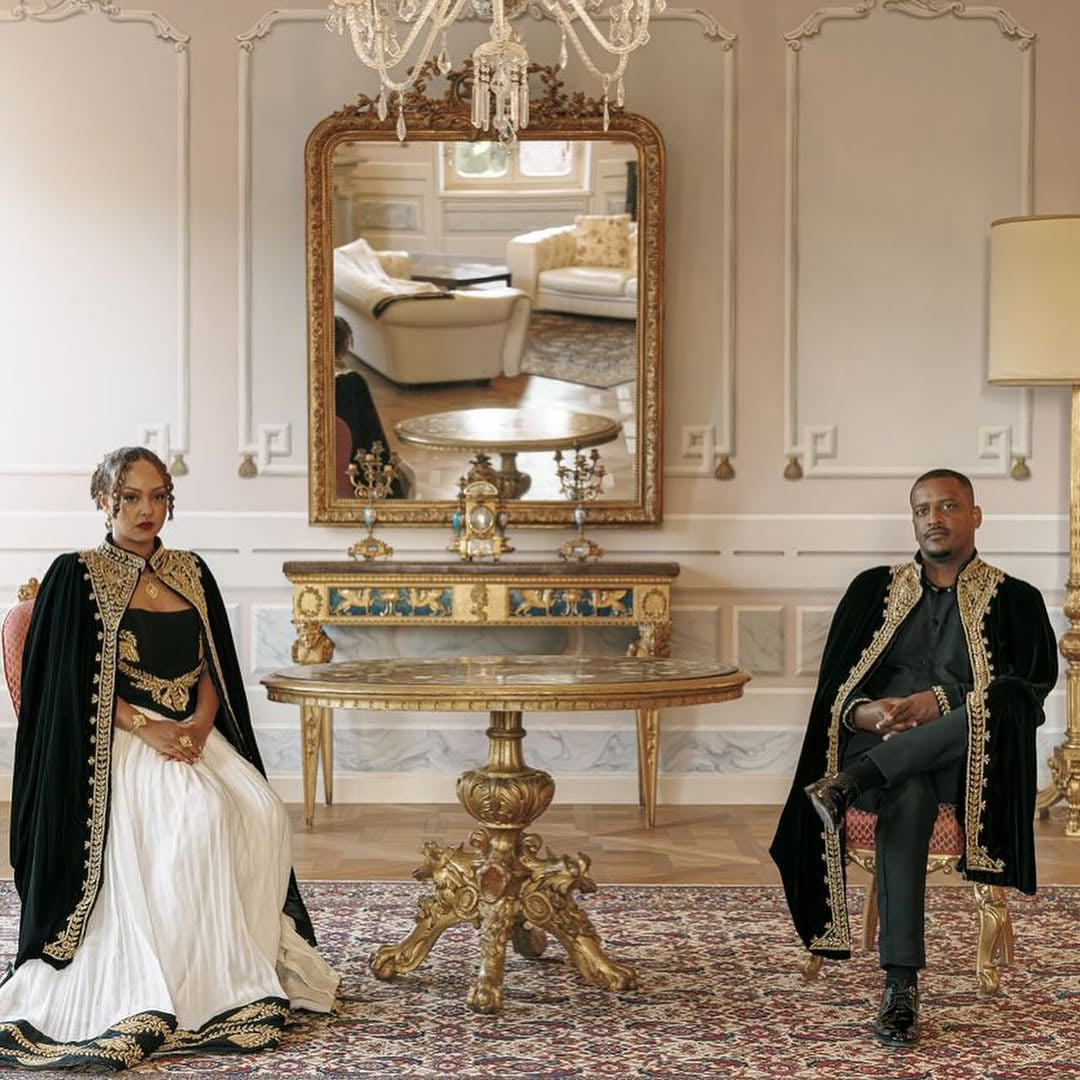 Royal Habesha Couple Set - Black Velvet Capes & White Ethiopian Wedding Gown by Tsehaye Mehari