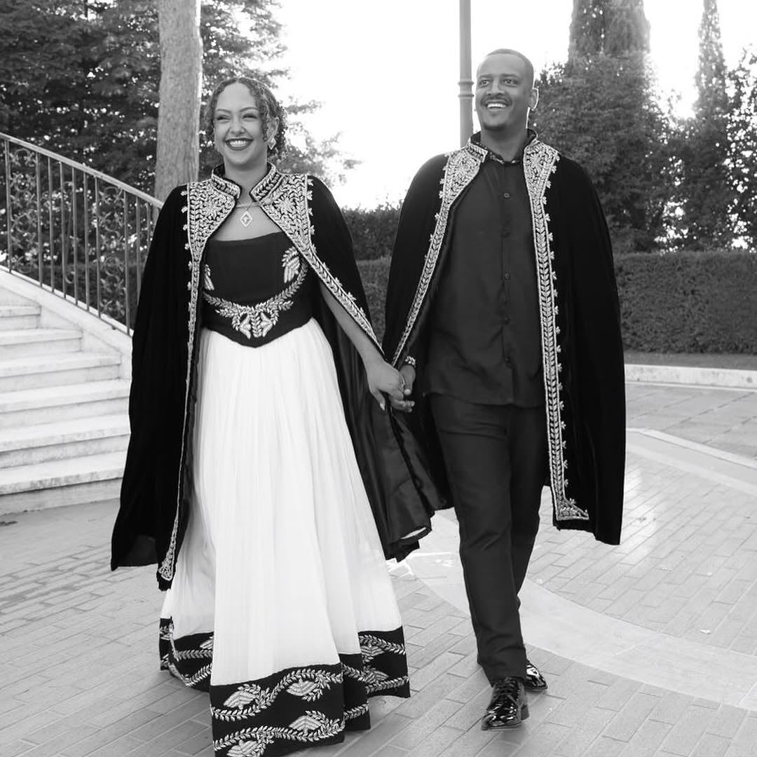 Royal Habesha Couple Set - Black Velvet Capes & White Ethiopian Wedding Gown by Tsehaye Mehari