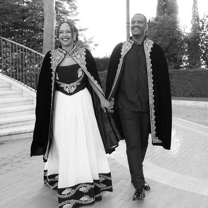Royal Habesha Couple Set - Black Velvet Capes & White Ethiopian Wedding Gown by Tsehaye Mehari