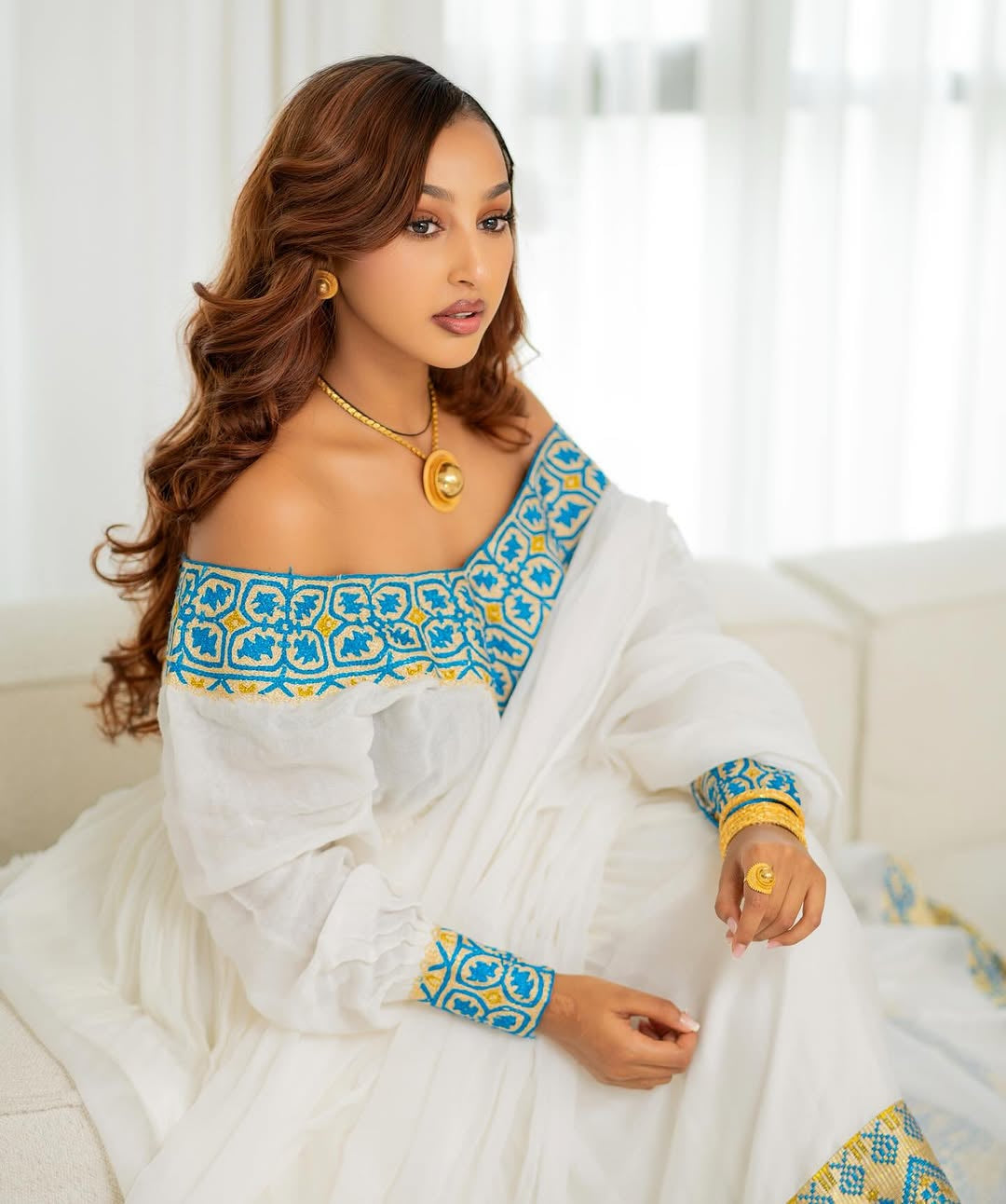 Elegance Blue & Gold Habesha Kemis - Modern Handwoven Ethiopian Dress by Tsehaye Mehari