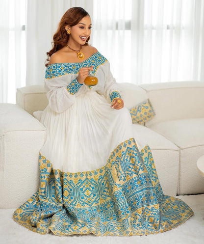 Elegance Blue & Gold Habesha Kemis - Modern Handwoven Ethiopian Dress by Tsehaye Mehari