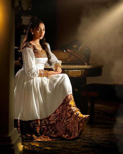 Stunning Brown & Gold Habesha Kemis - Handwoven Ethiopian Traditional Dress by Tsehaye Mehari